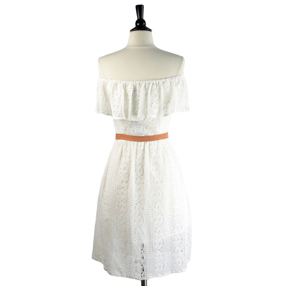 Frock Shop | White Tiered Lace Off Shoulder Dress with Sash - Picture 3 of 4